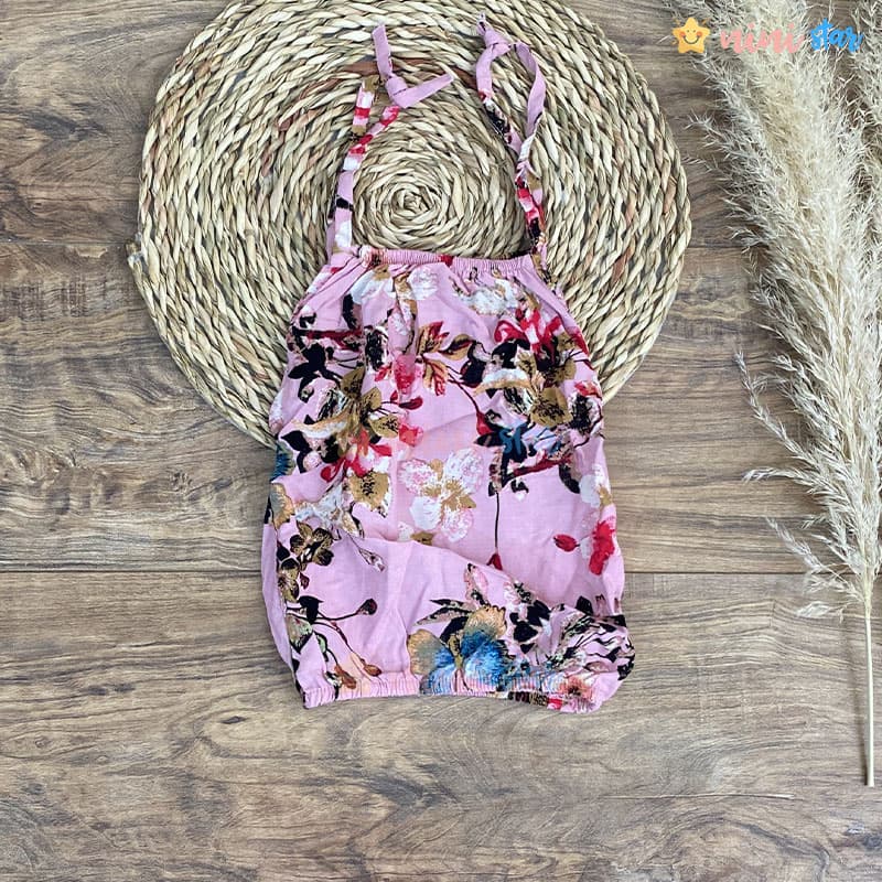 تاپ شلوارک نخی صورتی طرح پروانه و گل — تصویر ۲