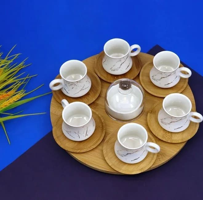 سرویس قهوه خوری 15 پارچه وگاتی مدل ماربل همراه با سینی چرخان — تصویر ۳