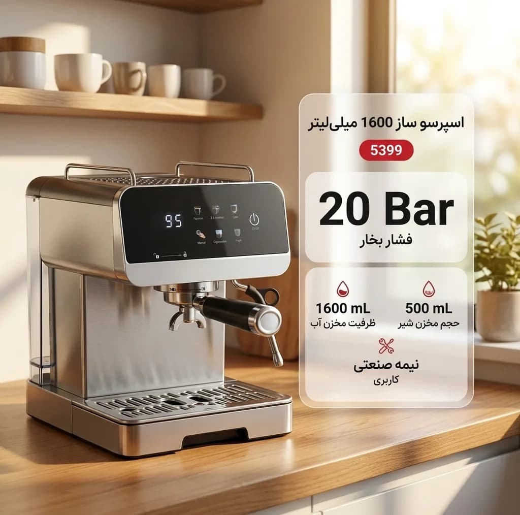 اسپرسوساز نیمهصنعتی مدل 5399 با فشار بخار 20 بار، مخزن آب 1600 میلیلیتر و مخزن شیر 500 میلیلیتر مناسب پودر قهوه — تصویر ۲