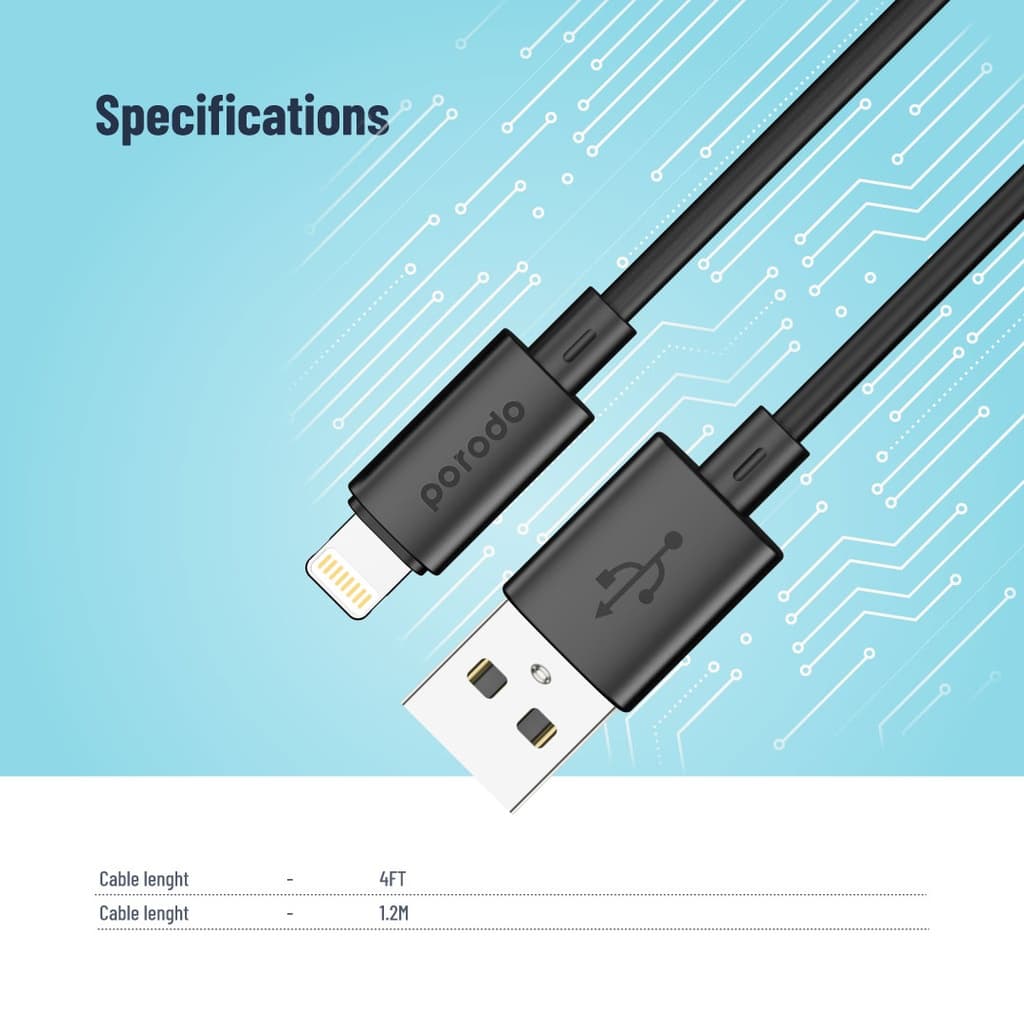 کابل شارژ و دیتا lightning فست 1.2متری Porodo blue 3A — تصویر ۵