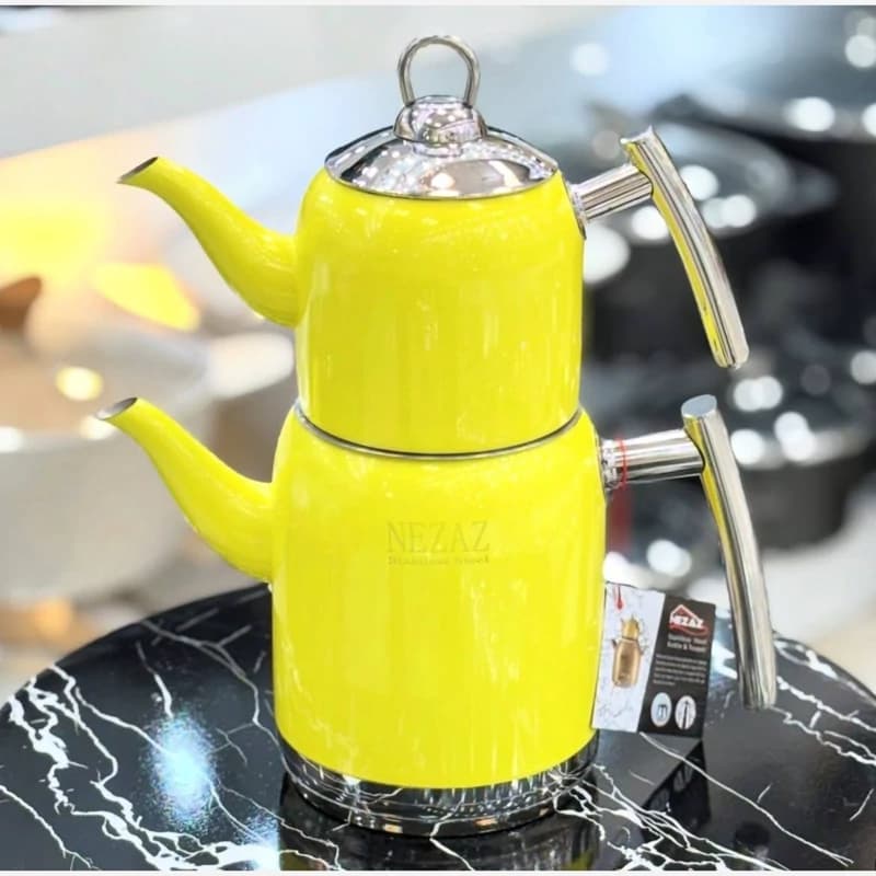 کتری قوری رنگی نزاز استیل لوله ایی زرد 5016