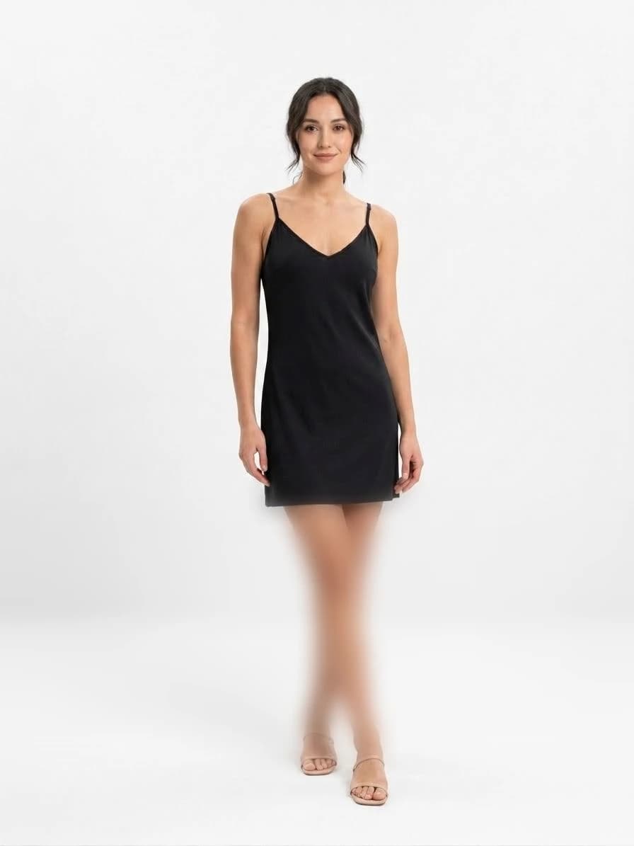 پیراهن کوتاه ساتن/نخی زنانه مشکی یقه هفت مدل آزاد (Slip Dress)