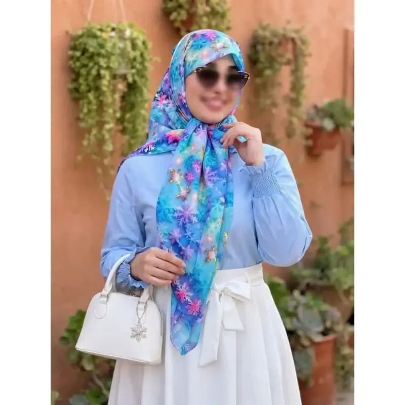 روسری نخی طرح بارلین قواره 140 زنانه آبی پاستیلی — تصویر ۹