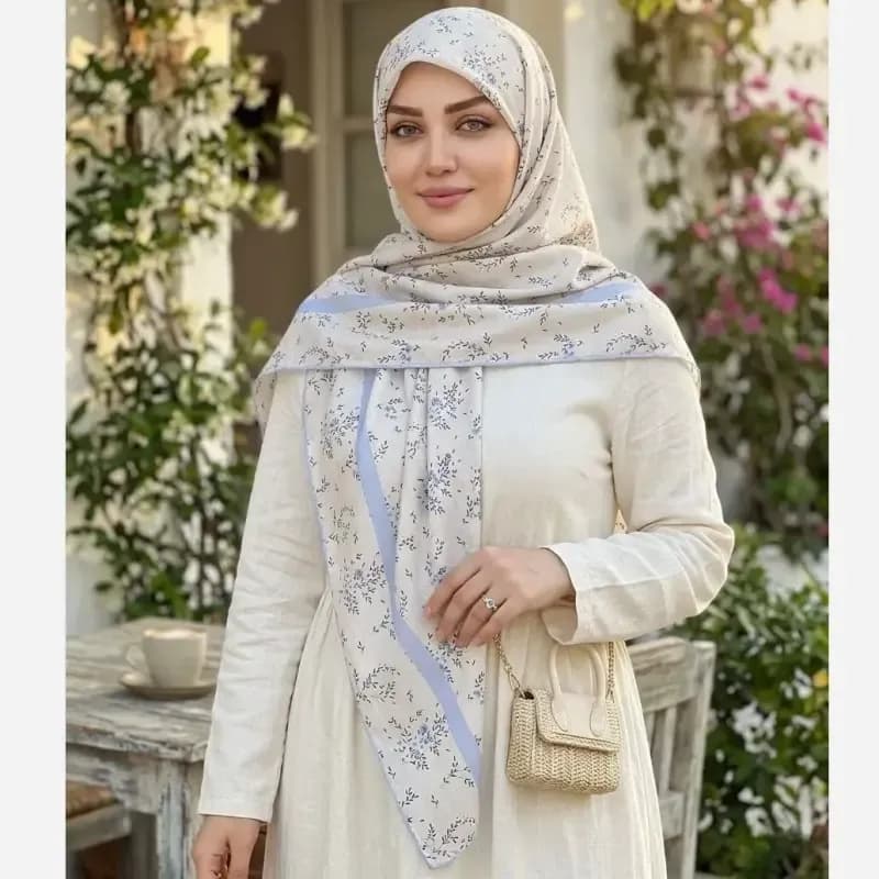 روسری نخ کاستوم طرح گندم قواره بزرگ 140 سانتیمتر زمینه کرم — تصویر ۷