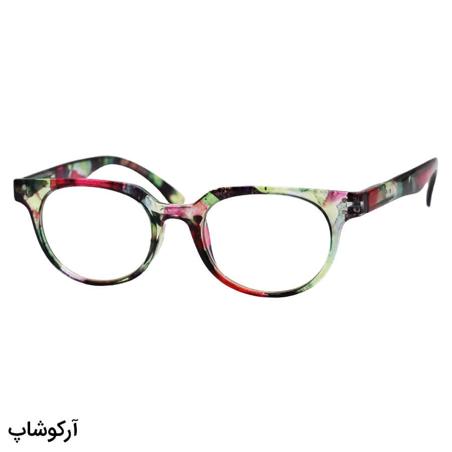 عینک مطالعه نمره +3.00 نزدیک بین با فریم سبز و صورتی، بیضی شکل و دسته فنری مدل TJ3182