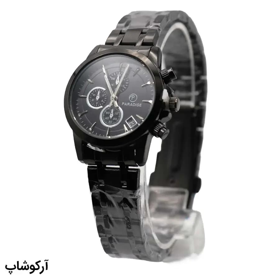 ساعت ست زنانه و مردانه Paradise مشکی، صفحه مشکی گرد طرح کرنوگراف، بند فلزی مشکی، نمایش تاریخ، موتور کوارتز، قفل تاشو مدل PD-2240 — تصویر ۳