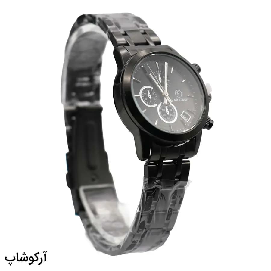 ساعت ست زنانه و مردانه Paradise مشکی، صفحه مشکی گرد طرح کرنوگراف، بند فلزی مشکی، نمایش تاریخ، موتور کوارتز، قفل تاشو مدل PD-2240 — تصویر ۴