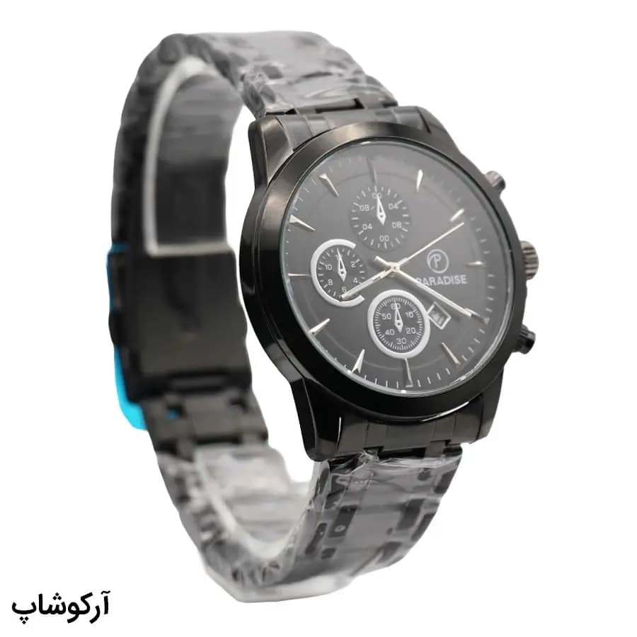 ساعت مردانه Paradise مشکی، صفحه مشکی گرد طرح کرنوگراف، بند فلزی مشکی، نمایش تاریخ، موتور کوارتز، قفل تاشو مدل PD-2240 — تصویر ۳