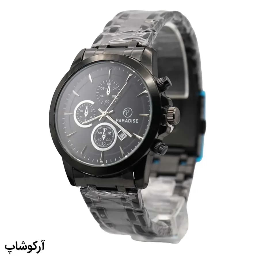 ساعت مردانه Paradise مشکی، صفحه مشکی گرد طرح کرنوگراف، بند فلزی مشکی، نمایش تاریخ، موتور کوارتز، قفل تاشو مدل PD-2240 — تصویر ۲