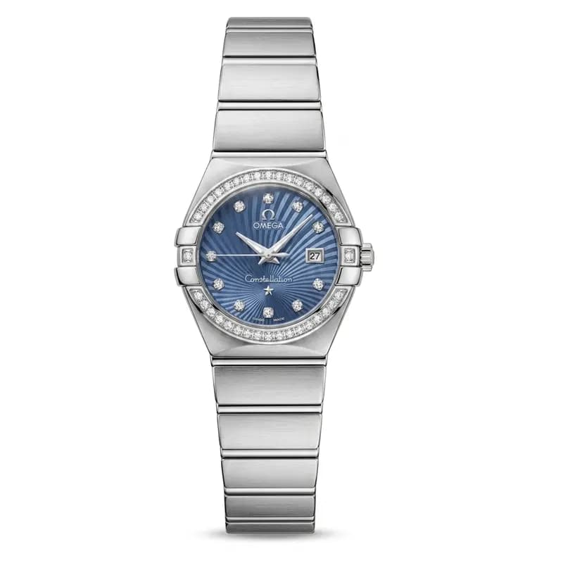 ساعت مچی زنانه امگا کانسلیشن مدل ایندکس خطی نگین دار نقره ای سرمه ای (Omega Constellation)