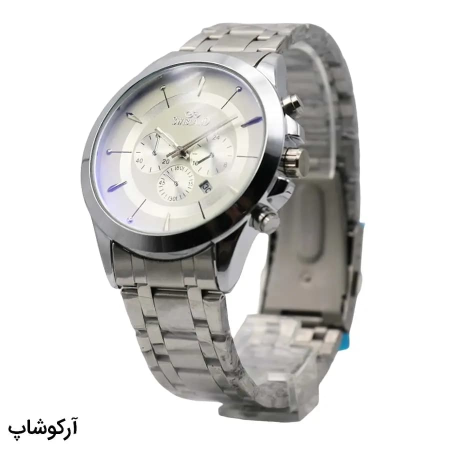 ساعت مردانه SWISLAND نقرهای، صفحه سفید طرح کرنوگراف، بند فلزی نقرهای، قاب گرد، نمایش تاریخ، موتور کوارتز، قفل تاشو مدل K6829G — تصویر ۲