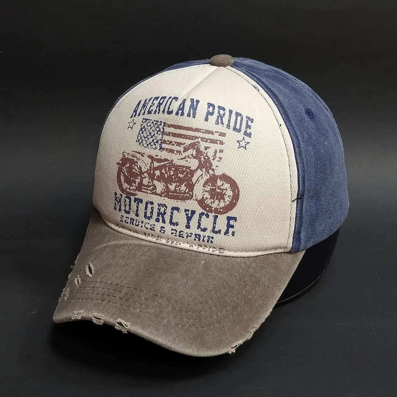 کلاه بیسبالی تاج دار کتان سنگشور زاپ دار AMERICAN PRIDE MOTORCYCLE | کلاه وینتیج طرح موتور و پرچم آمریکا — تصویر ۶