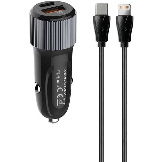 شارژر فندکی 38 وات کینگ استار مدل KC135i PD به همراه کابل USB-C به لایتنینگ