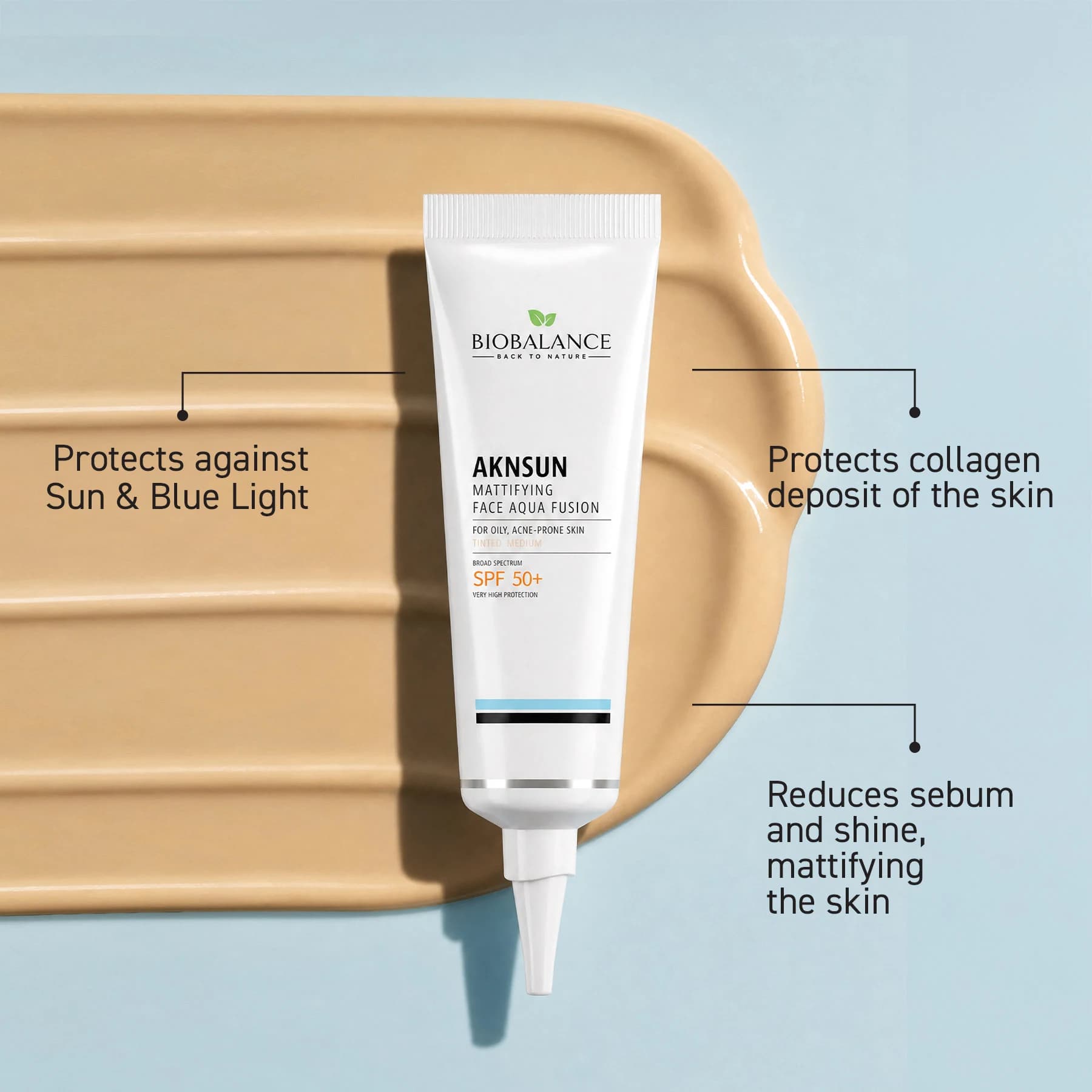 ضد آفتاب رنگی بیوبالانس AKNSUN ماتکننده SPF50+ رنگ Medium حجم ۴۰ میلیلیتر — تصویر ۴