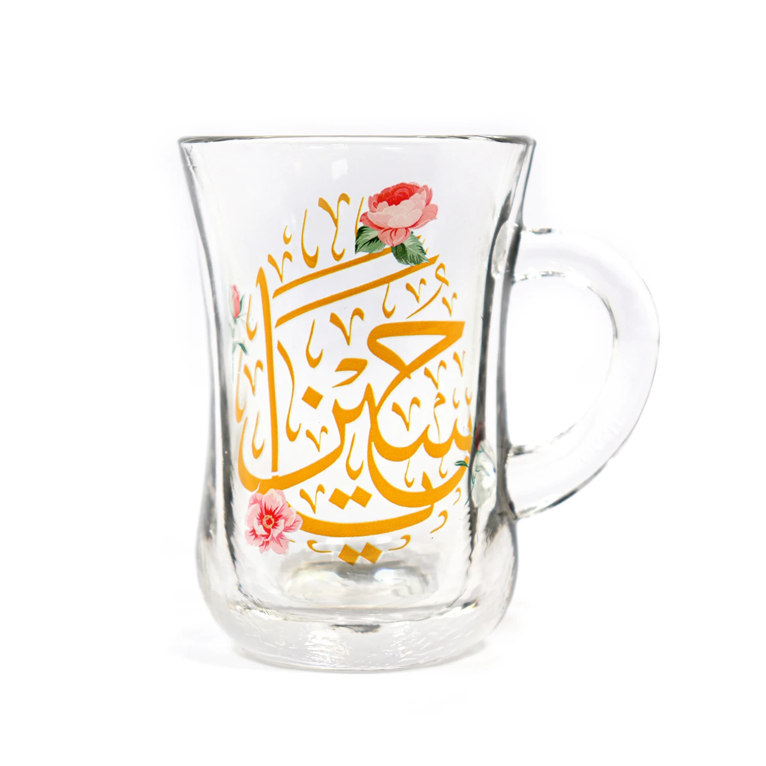 استکان کمر باریک دسته دار یا حسین طرح گل کد 1863