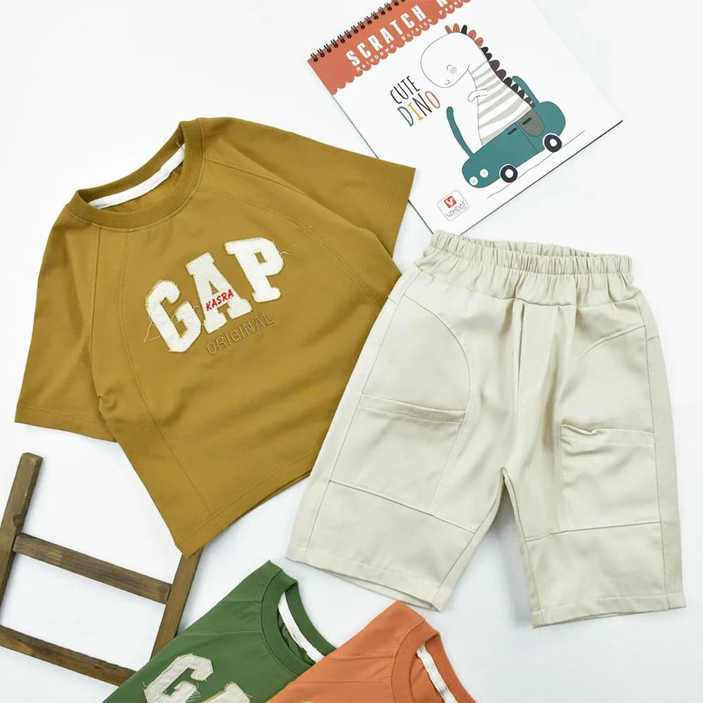 ست تیشرت و شلوارک پسرانه GAP طرح باکسی جنس پنبه و کتان