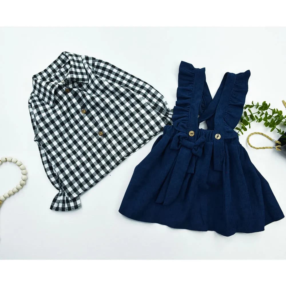 ست شومیز و سارافون دخترانه مخمل سرمه ای کد 10937 — تصویر ۳
