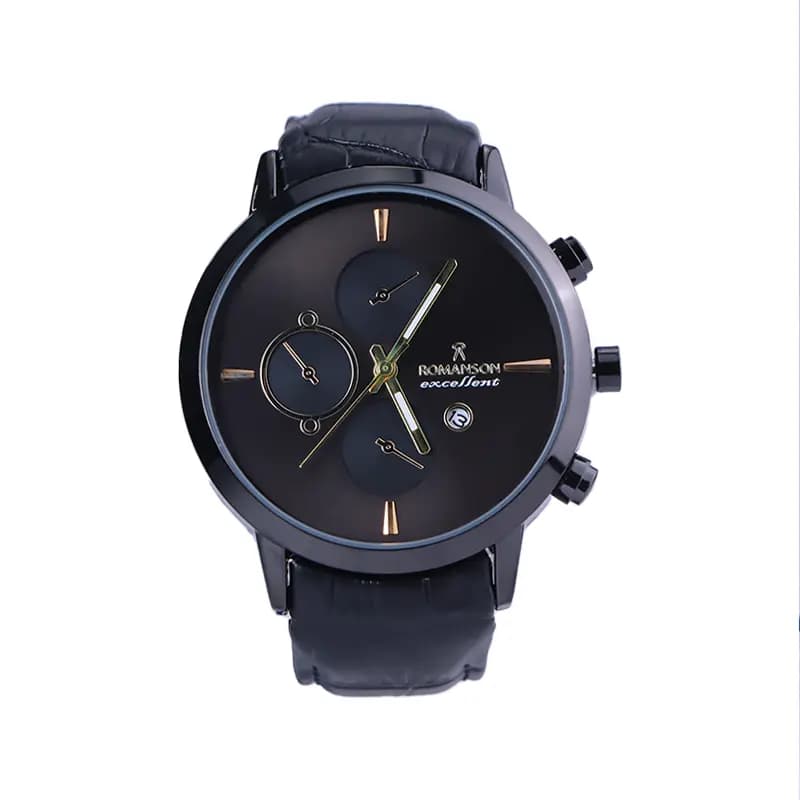 ساعت عقربه ای رومانسون مردانه بند چرم تمام مشکی G 2070/3