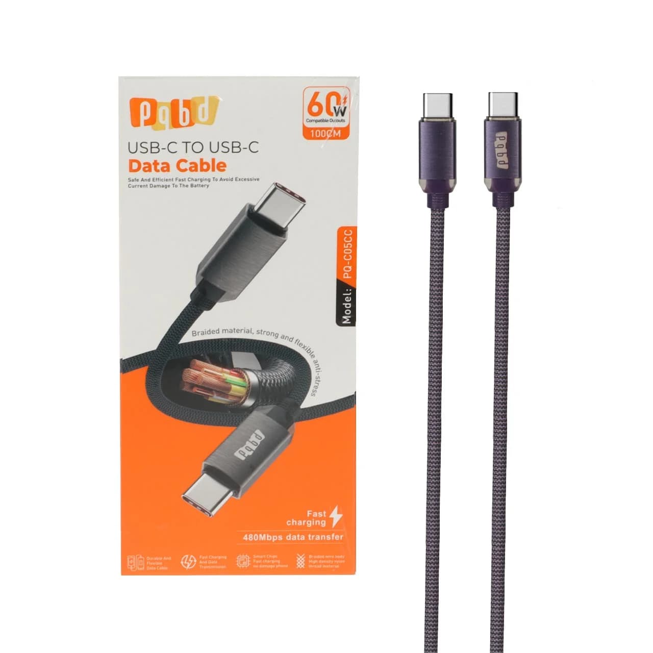 کابل شارژ فست pqbd Type-C To Type-C مدل PQ-C05CC 60W – بنفش