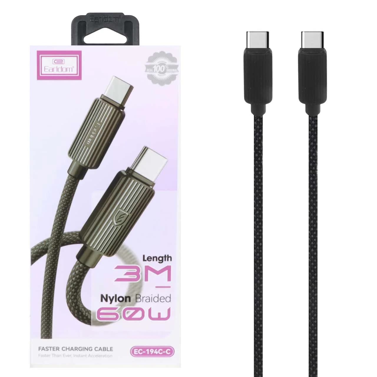 کابل شارژ و دیتا PD و فست کنفی 3 متری Earldom Type-C To Type-C مدل EC-194C-C 60W – مشکی