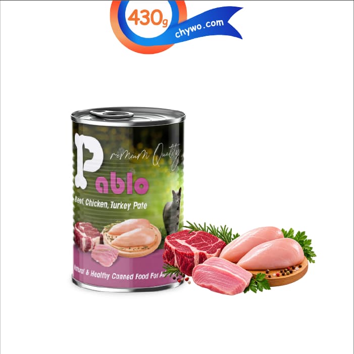کنسرو گربه بالغ پابلو پته طعم مرغ و گوشت گوساله و بوقلمون وزن 430 گرم Pablo