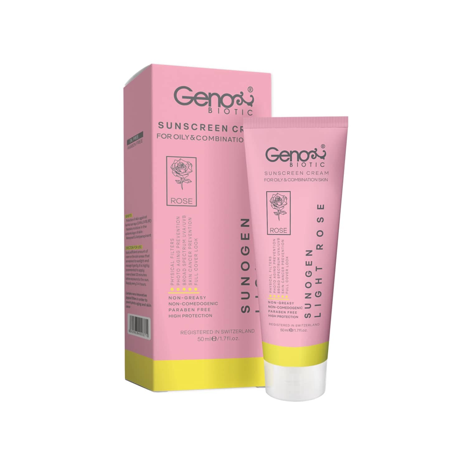 کرم ضد آفتاب رز روشن با SPF50 مناسب پوست چرب و مختلط 50 میلی لیتر ژنوبایوتیک