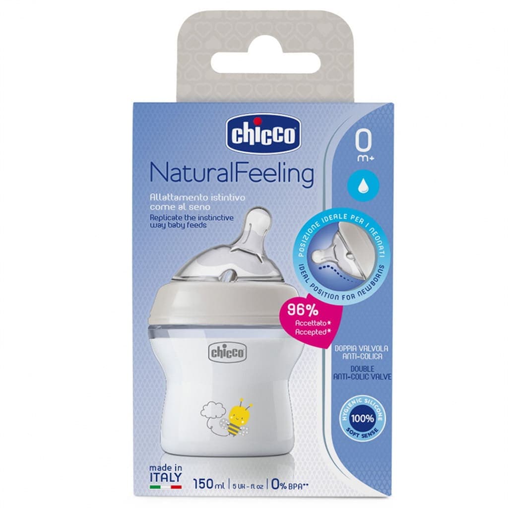 شیشه شیر چیکو Natural Feeling ظرفیت 150 میلیلیتر – ضدنفخ، سیلیکونی و مشابه سینه مادر | رنگ آبی، صورتی، طوسی — تصویر ۴