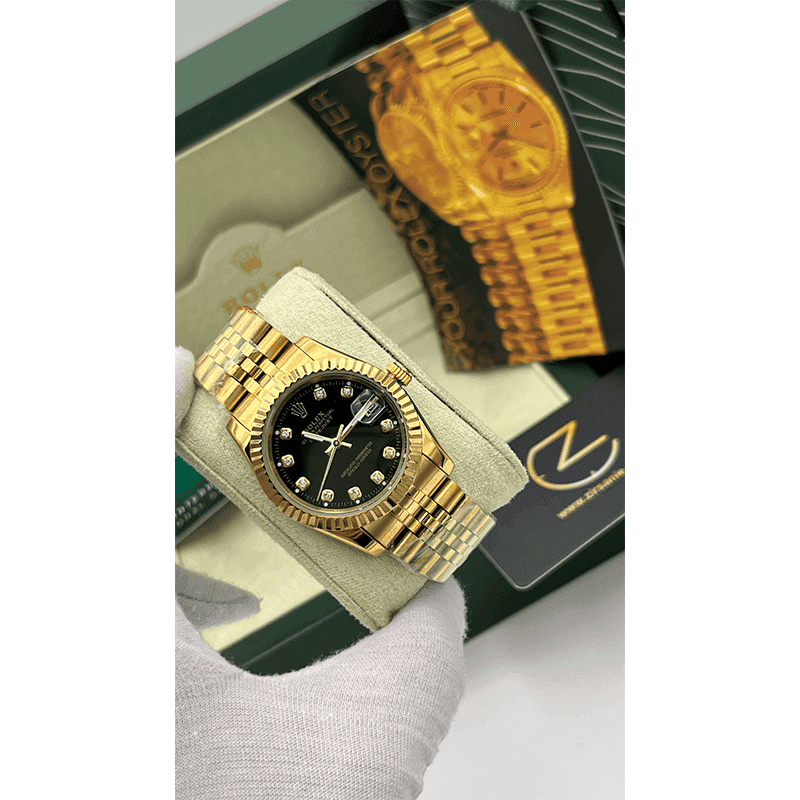 ساعت مچی رولکس دیت جاست طلایی صفحه مشکی اندکس نگین (تک و ست) Rolex Datejust Golden Black Screen Diaomnd Index — تصویر ۶