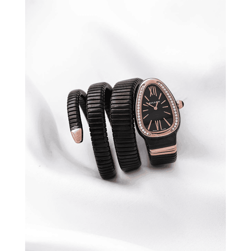 ساعت مچی زنانه بولگاری ماری مشکی رزگلد صفحه مشکی دورنگین Bvlgari Serpenti Tubogas Black Rose Gold Diamonds — تصویر ۲