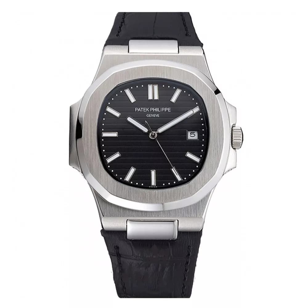 ساعت مچی مردانه پتک فیلیپ ناتیلوس بند چرمی صفحه مشکی Patek Philippe Nautilus Leather Black Screen