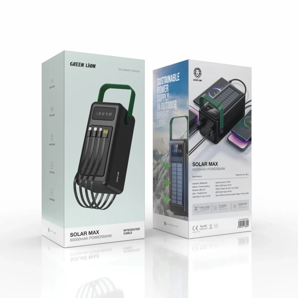 پاوربانک خورشیدی گرین لاین مدل Solar Max (ظرفیت 80000mAh و ۴ پورت خروجی) — تصویر ۲