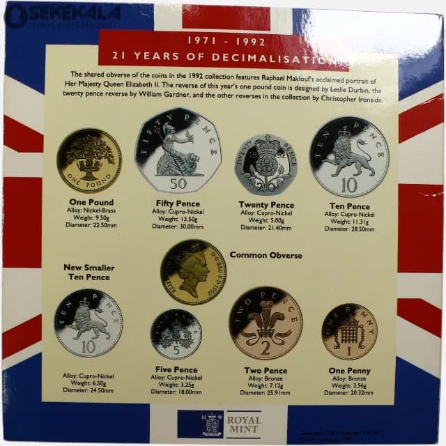 پک سکه های پروف انگلیس 1992 ROYAL MINT (به همراه یک 50 پنس یادبودی اضافه )(UNC) — تصویر ۵