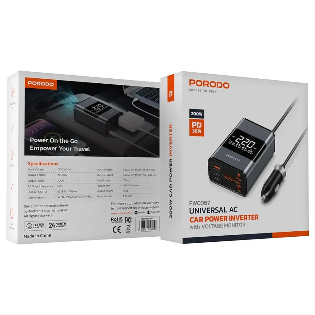 اینورتر فندکی خودرو 200 واتی پرودو Porodo Universal AC Car Power Inverter PDFWCH067 — تصویر ۲
