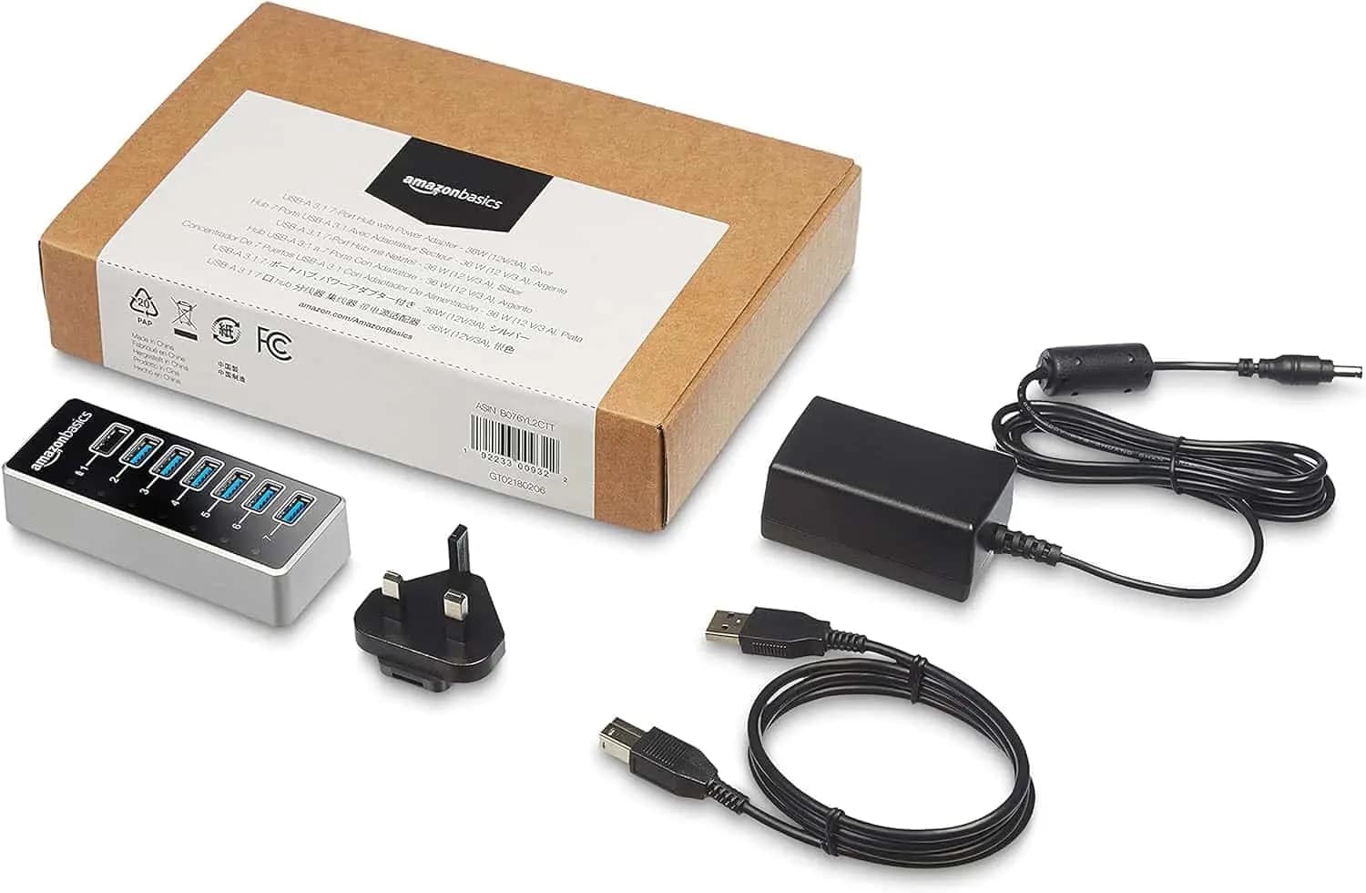 هاب 7 پورت Amazon Baiscs | USB 3 با آداپتور برق – 36W (12V/3A) — تصویر ۳