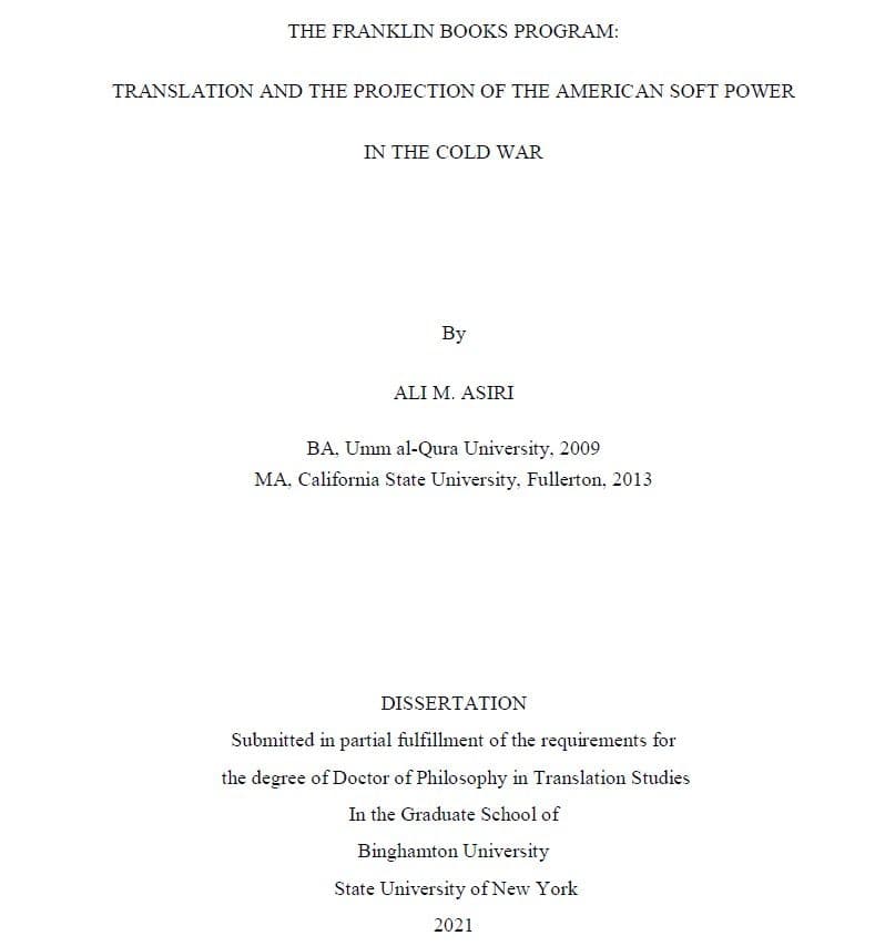 پایان نامه The Franklin Books Program: Translation and the Projection of the American Soft Power in the Cold War