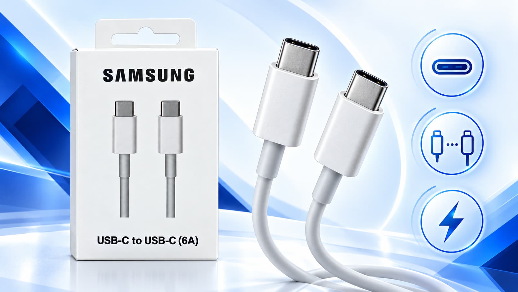 کابل سامسونگ USB-C به USB-C مدل 6A سفید | دو سر Type-C — تصویر ۳