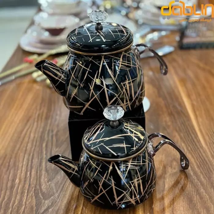 ست کتری و قوری لعابی برند شاهین محصول ترکیه ماربل رنگ مشکی طلایی — تصویر ۳