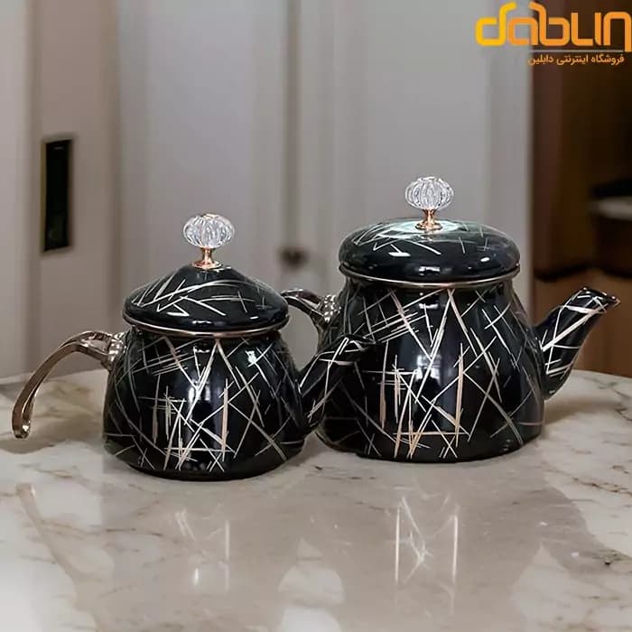 ست کتری و قوری لعابی برند شاهین محصول ترکیه ماربل رنگ مشکی طلایی — تصویر ۲