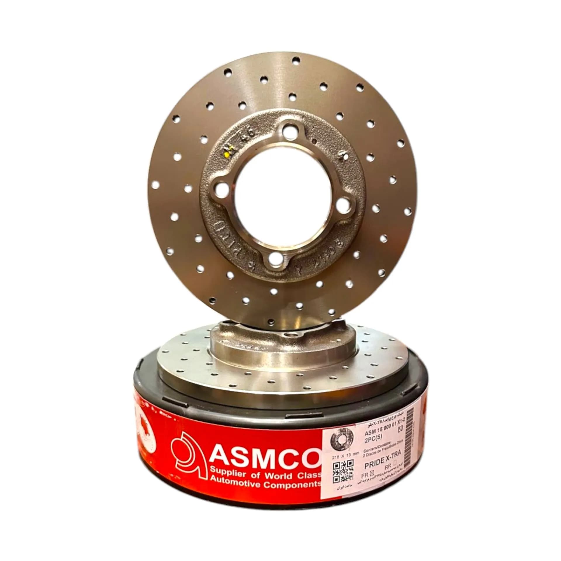 دیسک چرخ جلو پراید سوراخ دار شیاردار برند آسمکو ASMCO