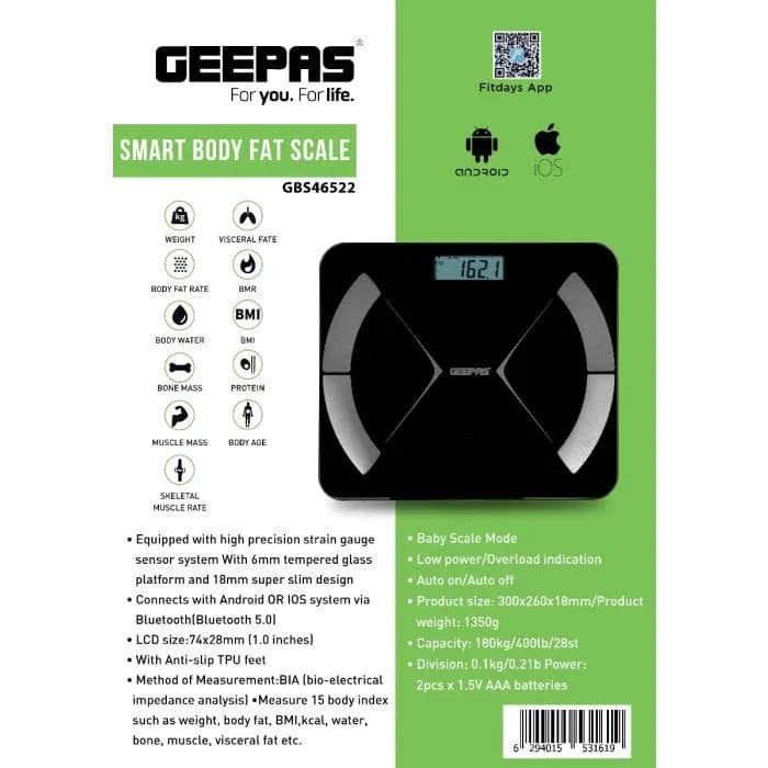 ترازو هوشمند وزن کشی جیپاس مدل GEEPAS GBS46522 (اصل) — تصویر ۶