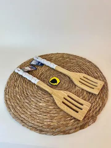 کفگیر شیاردار چوبی دسته سرامیکی ماربل سفید — تصویر ۳
