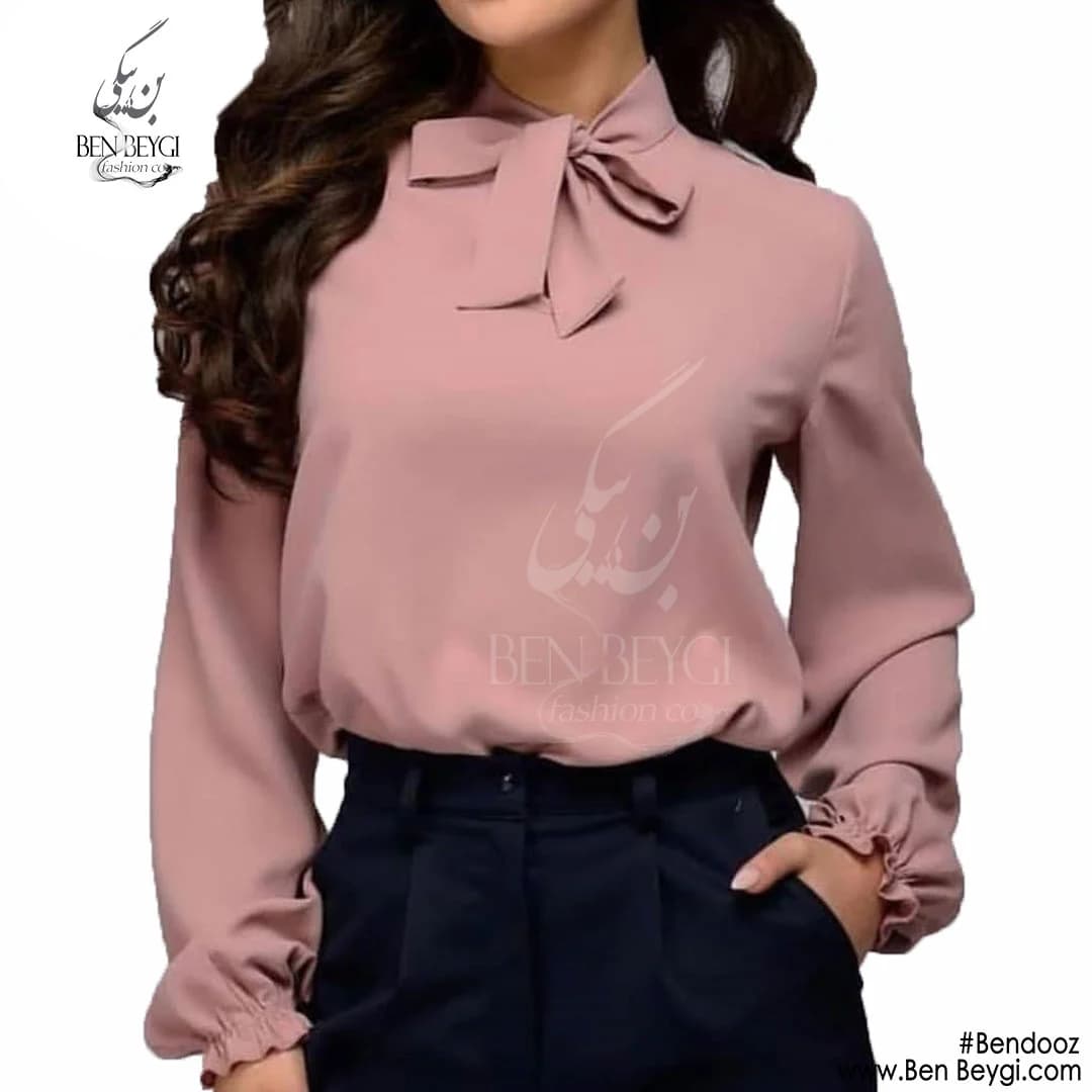 شومیز زنانه پارچه کرپ مدل اداری یقه کرواتی رنگ صورتی کد 15548