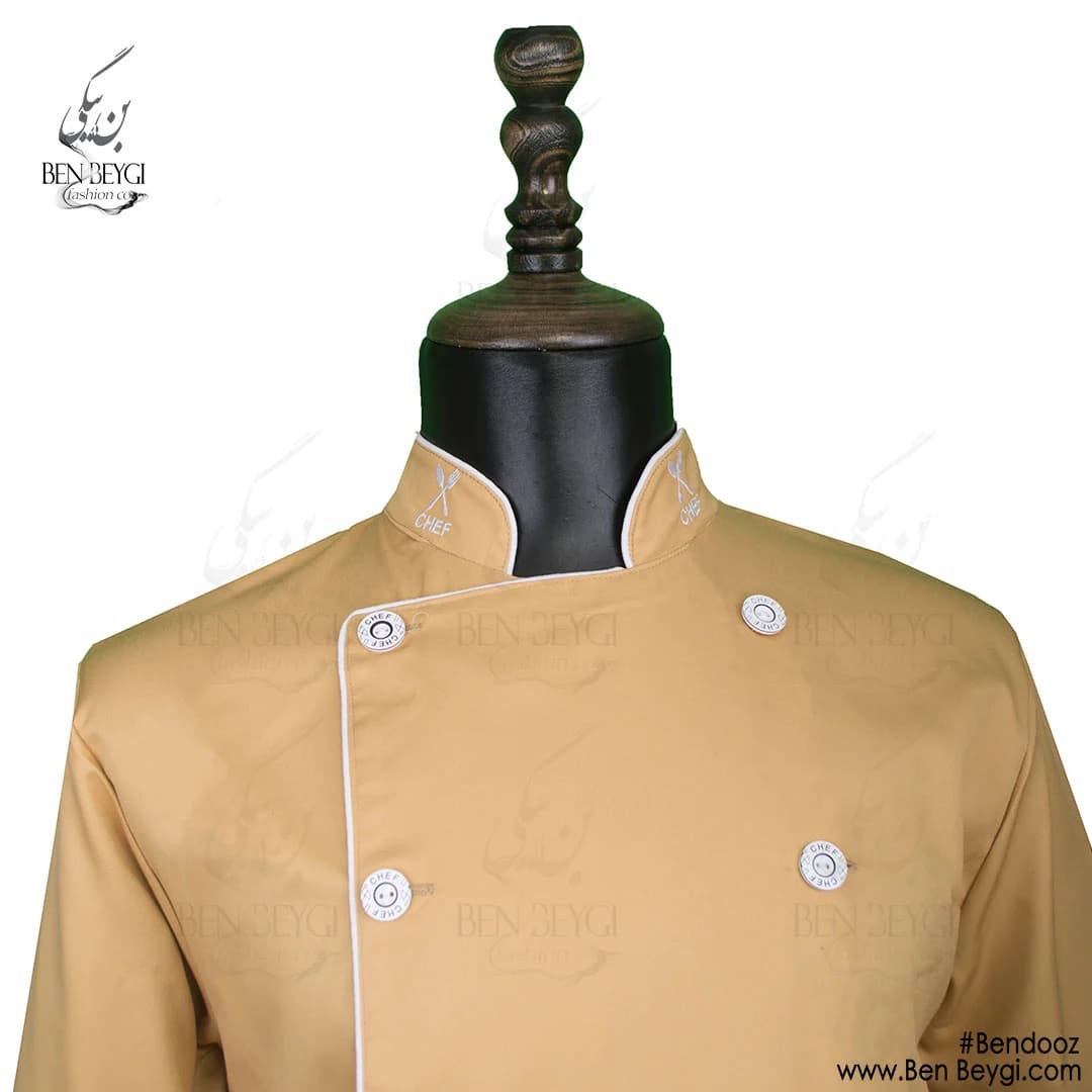 پیراهن سر آشپزی پارچه کجراه یقه ایستاده خردلی با گلدوزی کد 13308 — تصویر ۲