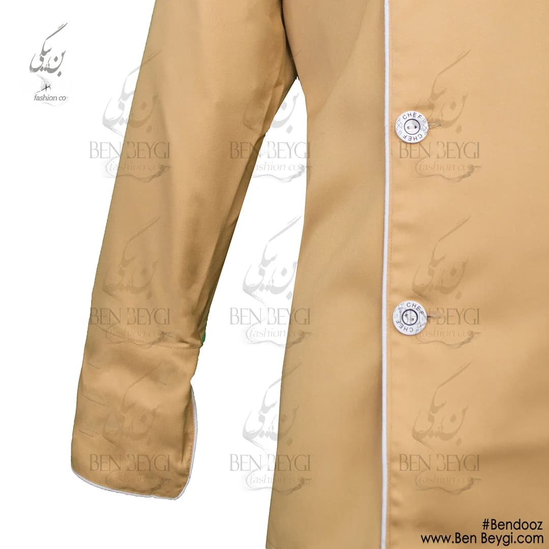 پیراهن سر آشپزی پارچه کجراه یقه ایستاده خردلی با گلدوزی کد 13308 — تصویر ۳