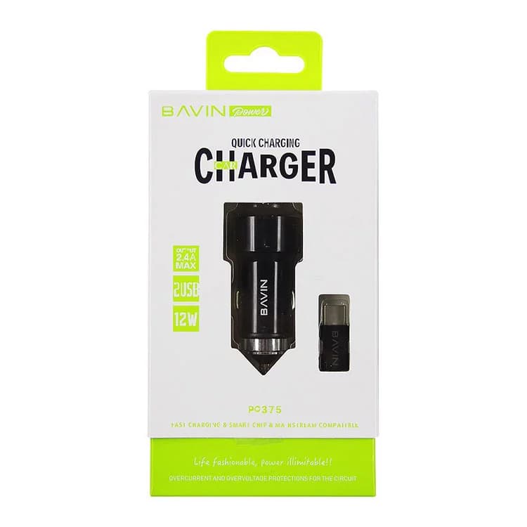 شارژر فندکی فست شارژ Bavin PC375 2.4A 12W + کابل تایپ سی ا Bavin PC375 2.4A 12W Fast Car Charger With Type-C Cable