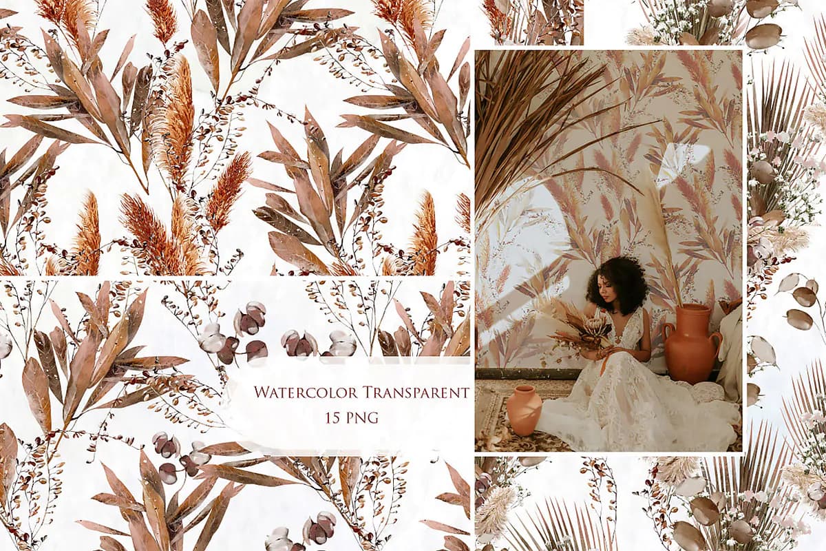 15 پترن آبرنگی گل و بوته بوهو
