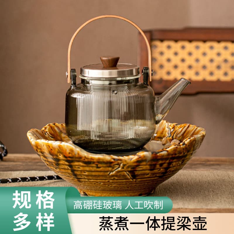 قوری پیرکس دودی با در و دسته چوبی فریم استیل مدل راه راه – ۸۵۰ میلیلیتر 🍵 — تصویر ۲