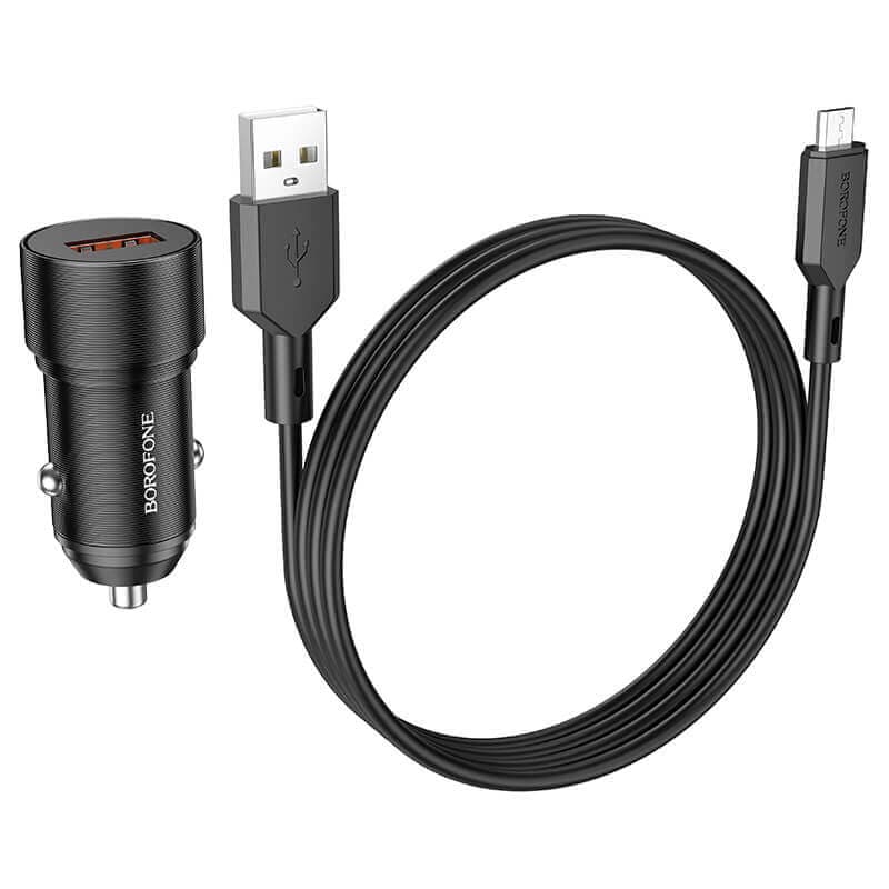 شارژر فندکی 18 وات بروفون مدل BZ19A QC3.0 به همراه کابل تبدیل microUSB