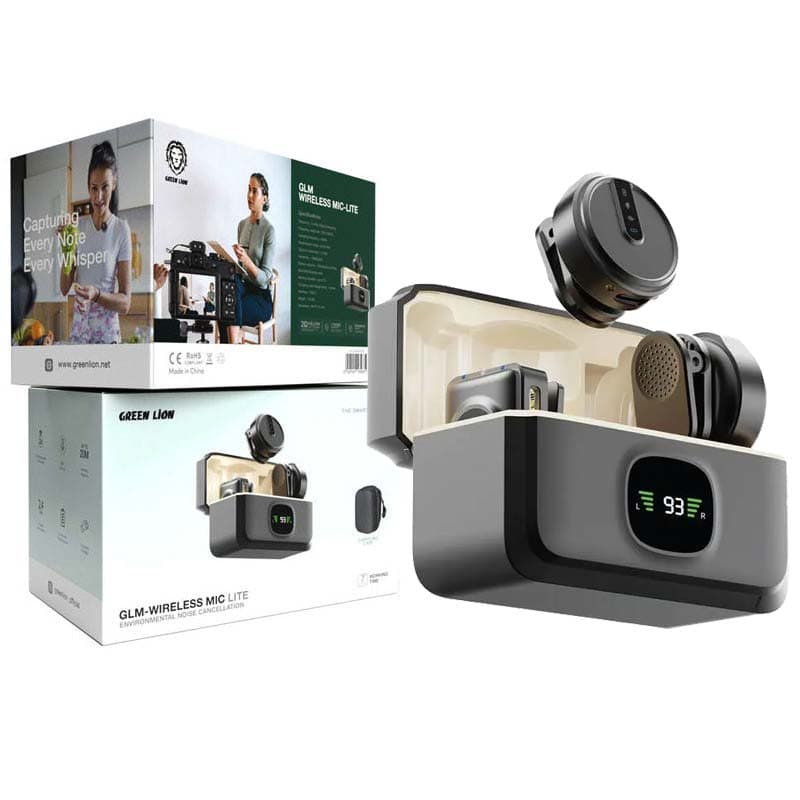 میکروفن یقه ای حرفه ای بیسیم دایره ای شارژی 2 عددی بهمراه کیس شارژ Green Lion GLM-wireless mic lite
