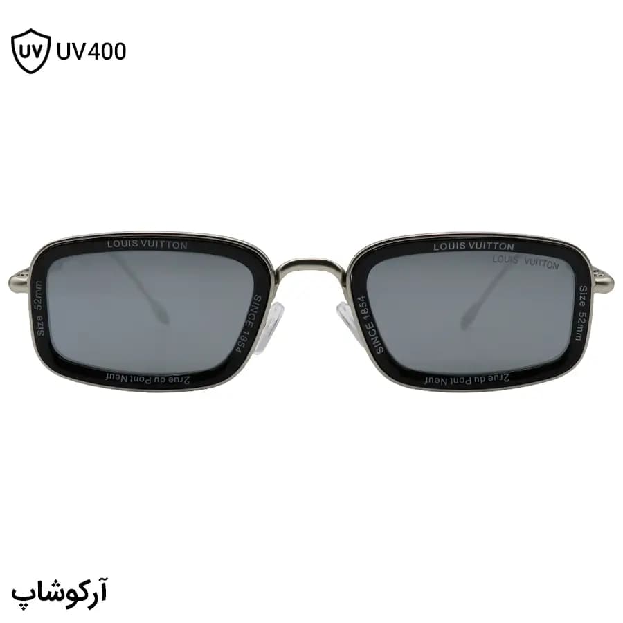 عینک آفتابی لویی ویتون با فریم مستطیلی شکل، رنگ مشکی و نقرهای براق و لنز دودی تیره و آینهای مدل 7324 — تصویر ۲